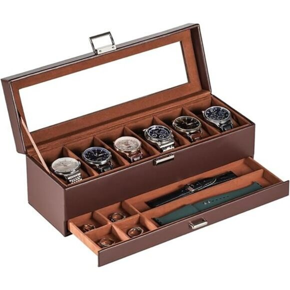 Lolalet Watch Box for Men 6 Slot Display Case Drawer Storage Organizer Glass - Picture 7 of 7